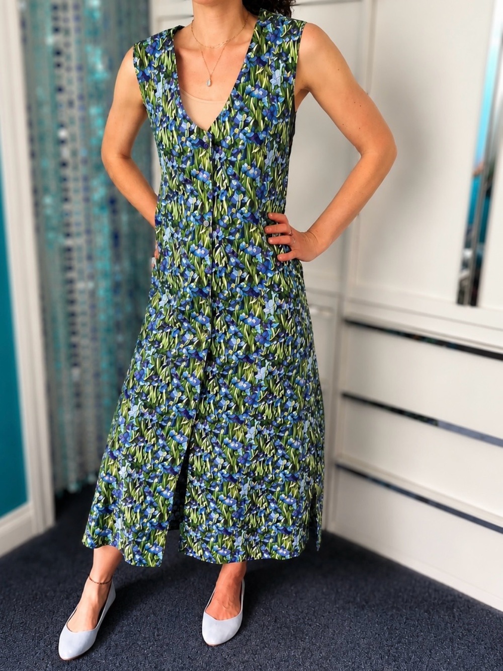 🇨🇦Vintage Iris Garden Cotton Maxi Dress • Blue Purple Green • Layering Tunic